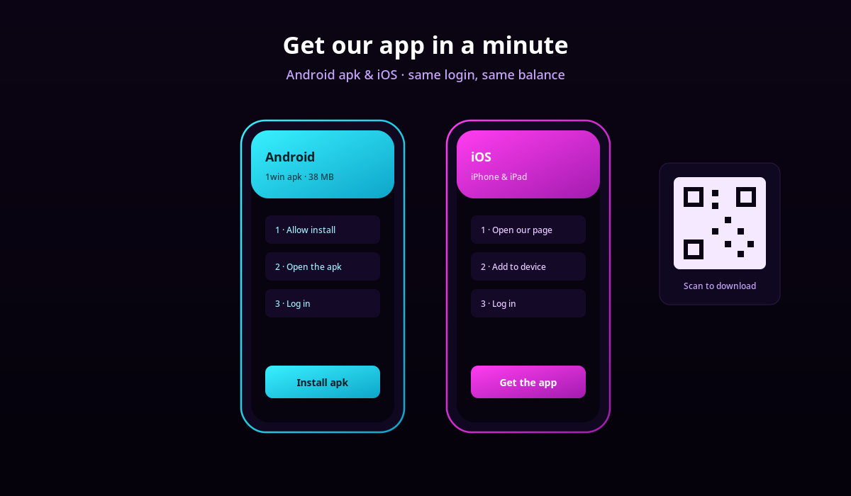 1win app download shown on two phones, Android apk and iOS, with three install steps each and a QR code