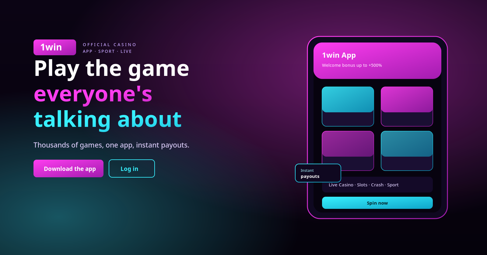 1win casino app home screen with neon game tiles, a 500% welcome bonus and instant UPI payouts