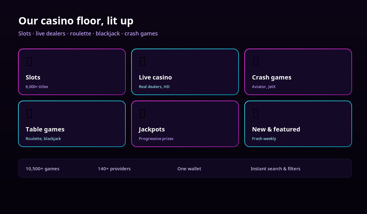 1win casino lobby categories shown as neon tiles: slots, live casino, crash games, table games, jackpots and new titles